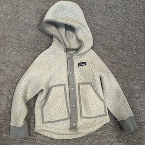 Patagonia Kids Cream Sherpa Hooded Jacket with Gray Trim
